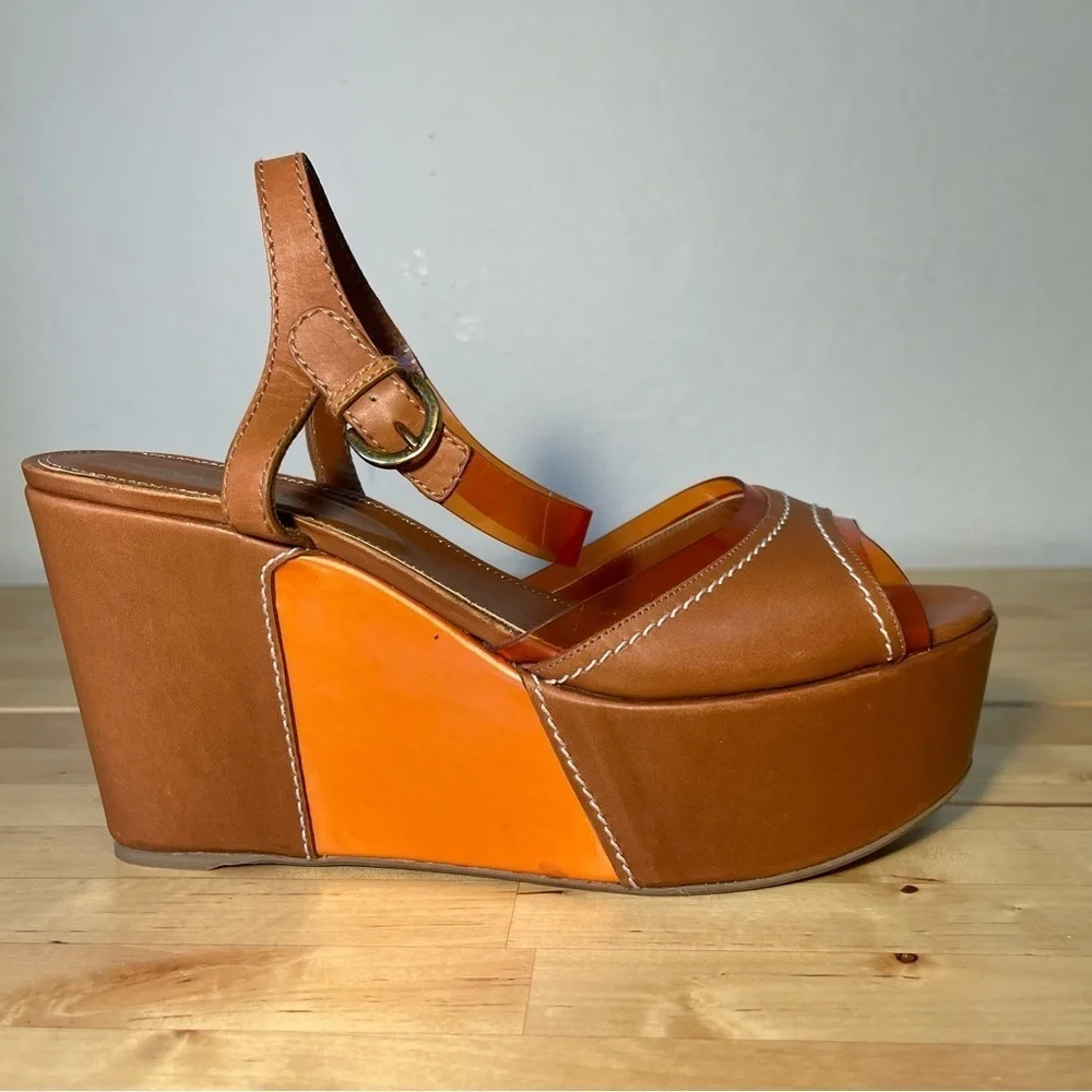 Sergio Rossi Orange Leather T-Strap Platform Sandals Italian Designer Shoes